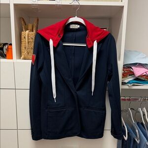 Navy Blazer Jacket with Red Hood